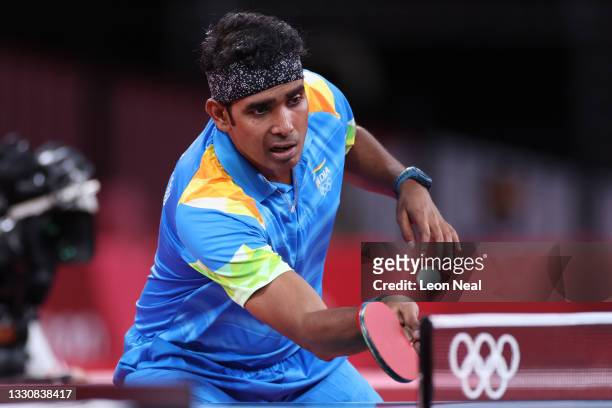 Kamal Achanta of Team India in action during his Men's Singles Round 3 match on day four of the Tokyo 2020 Olympic Games at Tokyo Metropolitan...