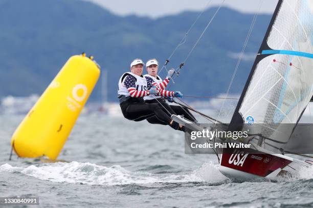 Stephanie Roble and Maggie Shea of Team United States compete during the Women's Skiff - 49er FX class race on day four of the Tokyo 2020 Olympic...