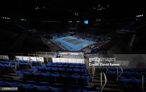 Seats sit empty for the Men's Singles Second Round match between Frances Tiafoe of Team USA and Stefanos Tsitsipas of Team Greece on day four of the...