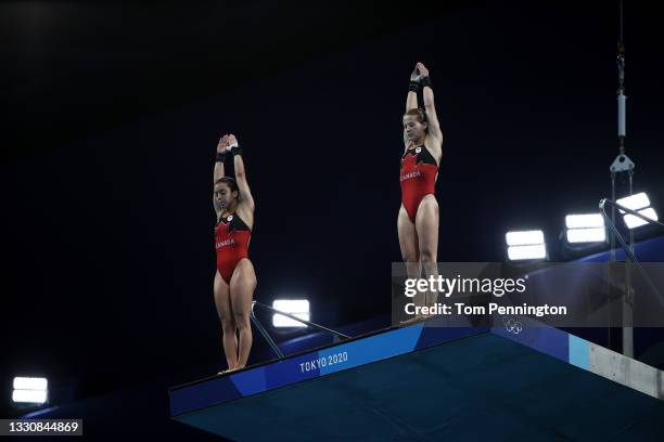 Meaghan Benfeito and Caeli Mckay of Team Canada compete during the Women's Synchronised 10m Platform Final on day four of the Tokyo 2020 Olympic...