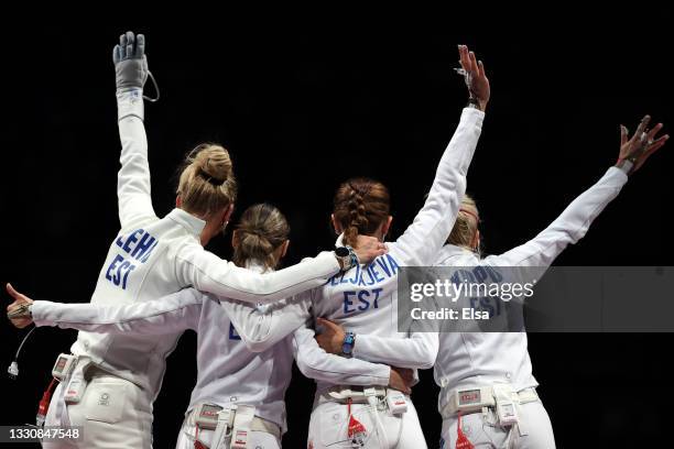 Team Estonia celebrates after defeating Team Italy in Women's Épée Team Semifinal on day four of the Tokyo 2020 Olympic Games at Makuhari Messe Hall...