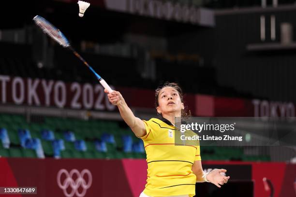Lianne Tan of Team Belgium competes against Thet Htar Thuzar of Team Myanmar during a Women’s Singles Group M match on day four of the Tokyo 2020...