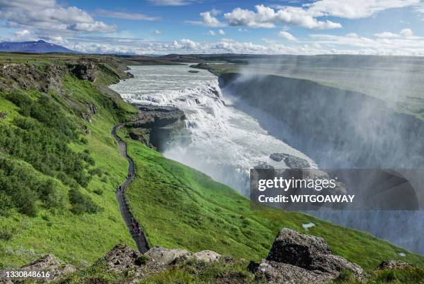 stepping waterfall of gullfoss in summer - gullfoss falls stock pictures, royalty-free photos & images