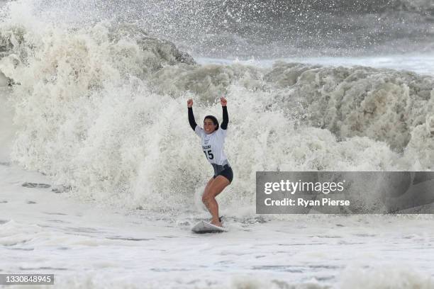 Amuro Tsuzuki of Team Japan celebrates winning her women's Bronze Medal match on day four of the Tokyo 2020 Olympic Games at Tsurigasaki Surfing...