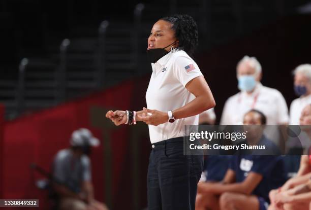 Head coach Dawn Staley of Team United States reacts against Nigeria during a Women's Preliminary Round Group B game on day four of the Tokyo 2020...