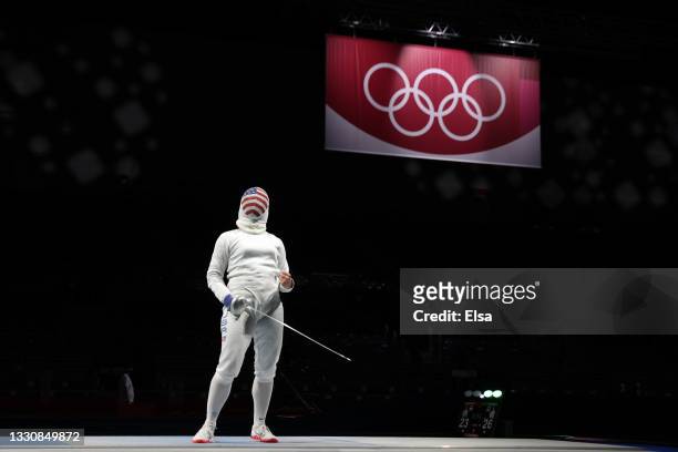 Katharine Holmes of Team United States celebrates during her bout against Ewa Trzebinska of Team Poland in Women's Épée Team Placement 5-6 on day...