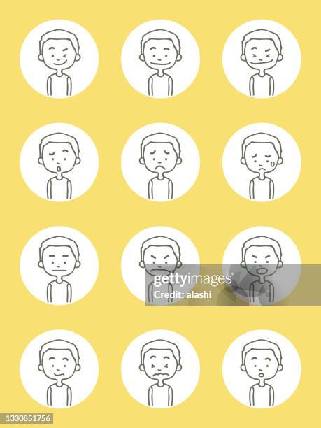 ilustrações, clipart, desenhos animados e ícones de ícones de avatar bonitos (expressão facial, emoticon) de meninos em estilo de linha fina - sad face drawing