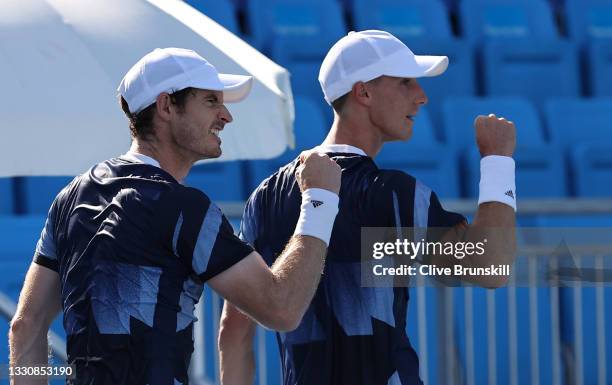 Andy Murray of Team Great Britain celebrates after a point during his Men's Doubles Second Round match with Joe Salisbury of Team Great Britain...