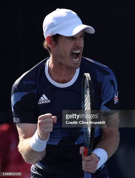 Andy Murray of Team Great Britain celebrates after a point during his Men's Doubles Second Round match with Joe Salisbury of Team Great Britain...