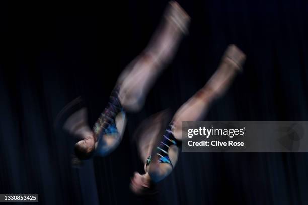 Christina Wassen and Tina Punzel of Team Germany compete during the Women's Synchronised 10m Platform Final on day four of the Tokyo 2020 Olympic...