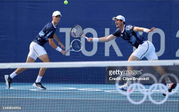 Andy Murray of Team Great Britain and Joe Salisbury of Team Great Britain play against Tim Putz of Team Germany and Kevin Krawietz of Team Germany in...