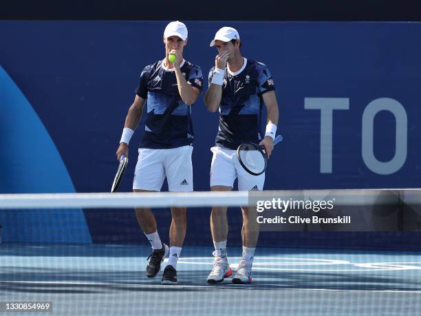 Andy Murray of Team Great Britain and Joe Salisbury of Team Great Britain play against Tim Putz of Team Germany and Kevin Krawietz of Team Germany in...