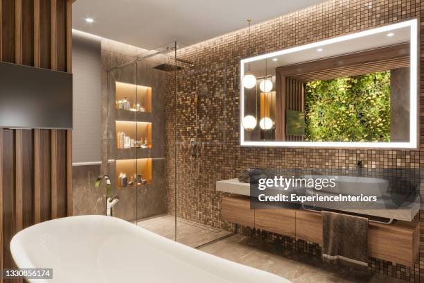 luxury apartment bathroom interior - glass shower walls stock pictures, royalty-free photos & images