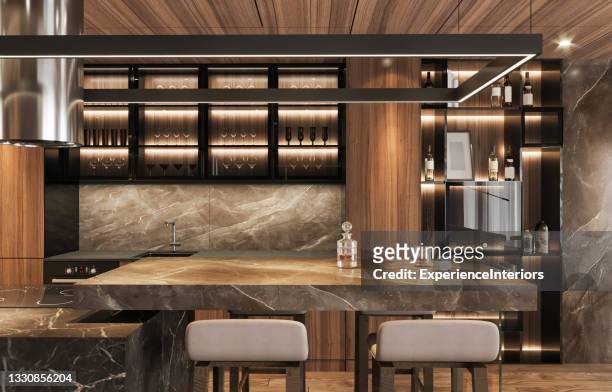 luxury apartment kitchen interior - bar of soap stockfoto's en -beelden