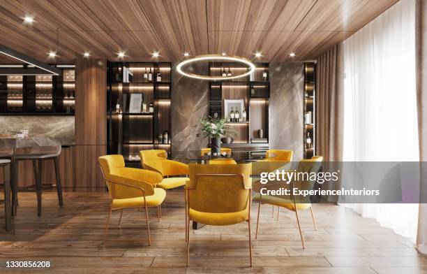 luxus-wohnung esszimmer interieur - holzdecke stock-fotos und bilder