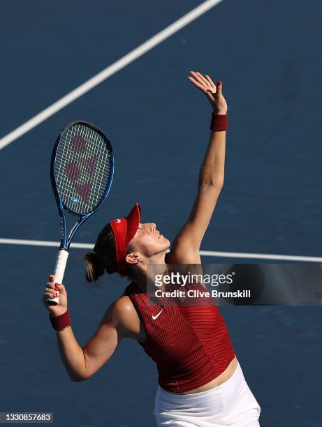 Belinda Bencic of Team Switzerland serves during her Women's Singles Third Round match against Barbora Krejcikova of Team Czech Republic on day four...