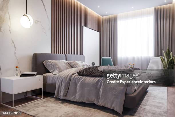 luxury modern bedroom interior - luxury hotel room stock pictures, royalty-free photos & images