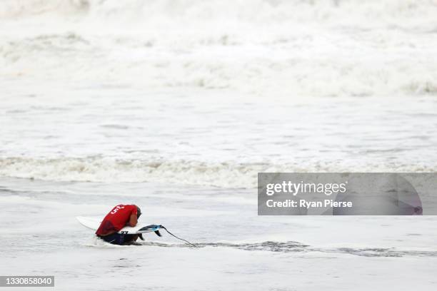 Kanoa Igarashi of Team Japan looks dejected after his loss in the men's Gold Medal match against Italo Ferreira of Team Brazil on day four of the...