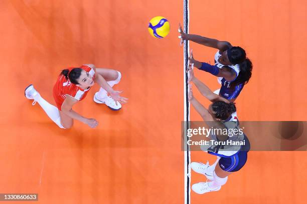 Paola Ogechi Egonu of Team Italy and Anna Danesi block the hit by Team Turkey during the Women's Preliminary - Pool B volleyball on day four of the...