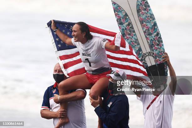 Carissa Moore of Team United States celebrates winning the Gold Medal after her final match against Bianca Buitendag of Team South Africa on day four...