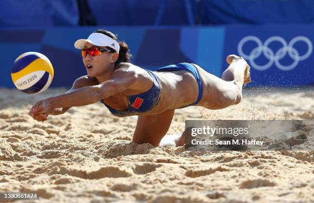 Chen Xue of Team China competes against Team Netherlands during the Women's Preliminary - Pool B beach volleyball on day four of the Tokyo 2020...