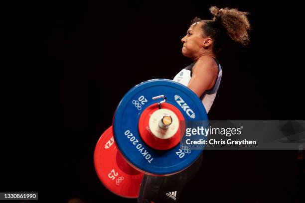 Zoe Smith of Team Great Britain competes during the Weightlifting - Women's 59kg Group A on day four of the Tokyo 2020 Olympic Games at Tokyo...