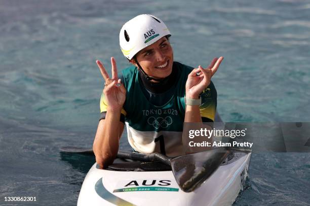 Jessica Fox of Team Australia reacts after her run in the Women's Kayak Slalom Final on day four of the Tokyo 2020 Olympic Games at Kasai Canoe...