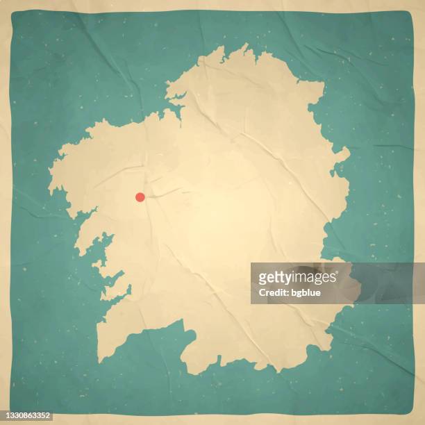 ilustraciones, imágenes clip art, dibujos animados e iconos de stock de mapa de galicia en estilo retro vintage - papel de textura antigua - santiago de compostela