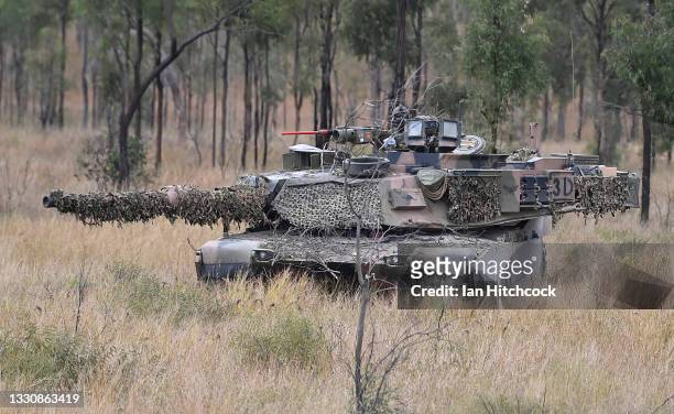 An Australian M1 Abrams tank participates in an Urban assault as part of Exercise 'Talisman Sabre 21' on July 27, 2021 in Townsville, Australia....