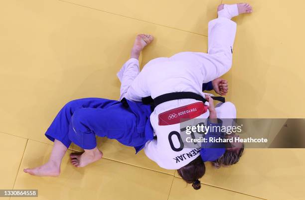 Tina Trstenjak of Team Slovenia and Maria Centracchio of Team Italy compete during the Women’s Judo 63kg Semifinal of Table A on day four of the...