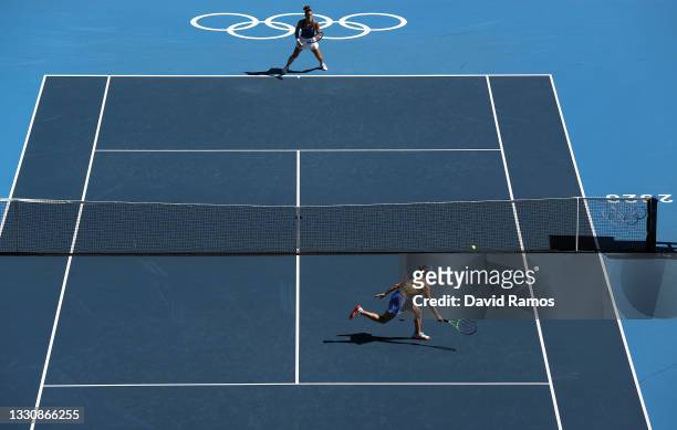 Elina Svitolina of Team Ukraine plays a forehand during her Women's Singles Third Round match against Maria Sakkari of Team Greece on day four of the...