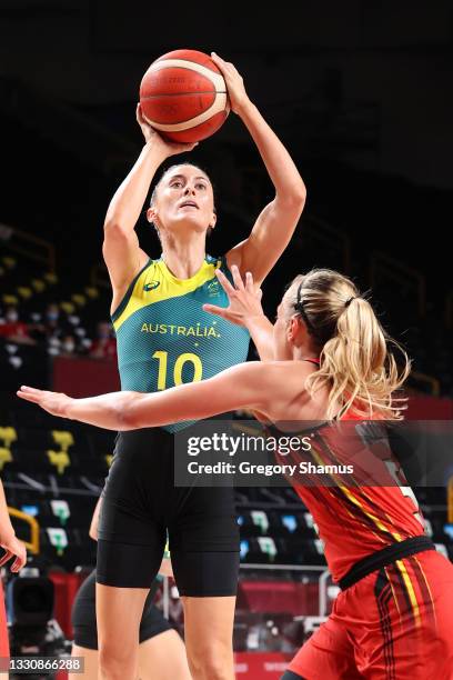 Katie Ebzery of Team Australia takes a jump shot against Team Belgium during the first half of a Women's Preliminary Round Group C game on day four...