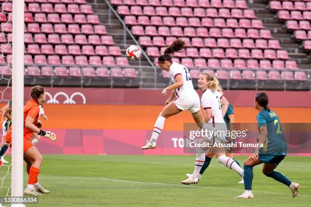 Alex Morgan of Team United States scores a goal that is ruled out for offside by VAR during the Women's Football Group G match between United States...