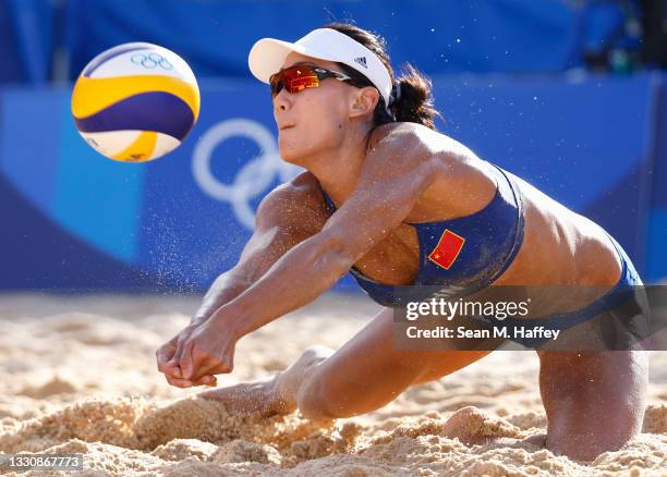 Chen Xue of Team China competes against Team Netherlands during the Women's Preliminary - Pool B beach volleyball on day four of the Tokyo 2020...