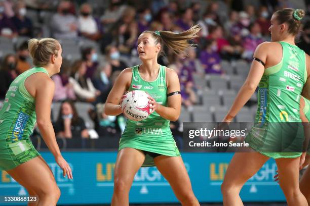 Alice Teague-Neeld of the Fever warms up before the round 12 Super Netball match between West Coast Fever and Queensland Firebirds at Nissan Arena,...