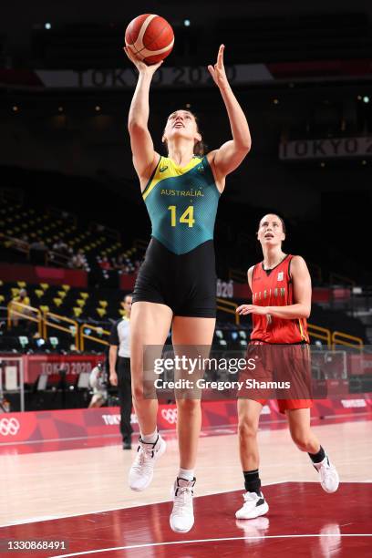 Marianna Tolo of Team Australia shoots against Team Belgium during the first half of a Women's Preliminary Round Group C game on day four of the...