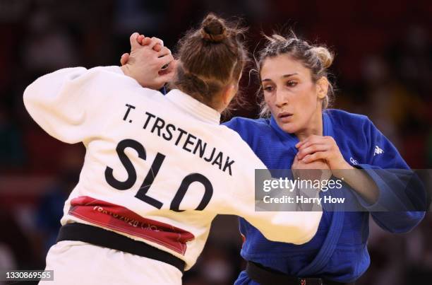 Tina Trstenjak of Team Slovenia and Maria Centracchio of Team Italy compete during the Women’s Judo 63kg Semifinal of Table A on day four of the...