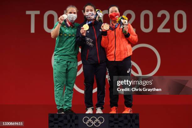 Silver medalist Polina Guryeva of Team Turkmenistan, gold medalist Hsing-Chun Kuo of Team Chinese Taipei and bronze medalist Mikiko Andoh of Team...