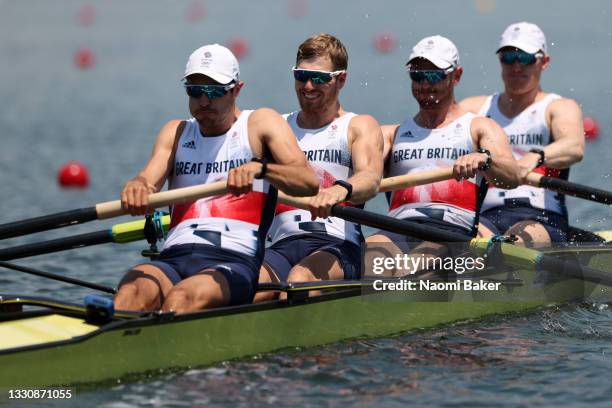 Oliver Cook, Matthew Rossiter, Rory Gibbs and Sholto Carnegie of Team Great Britain compete during the Men's Four Heat 2 on day one of the Tokyo 2020...