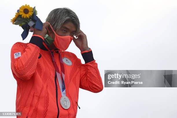 Surfing Silver Medalist Kanoa Igarashi of Team Japan is seen at the medal ceremony on day four of the Tokyo 2020 Olympic Games at Tsurigasaki Surfing...