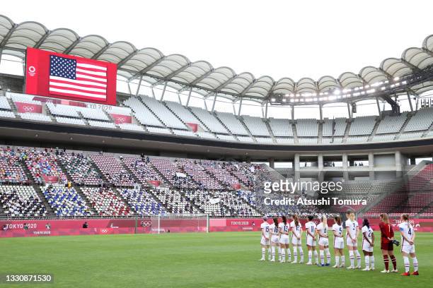 General view inside the stadium as Team United States stand for the national anthem prior to the Women's Football Group G match between United States...