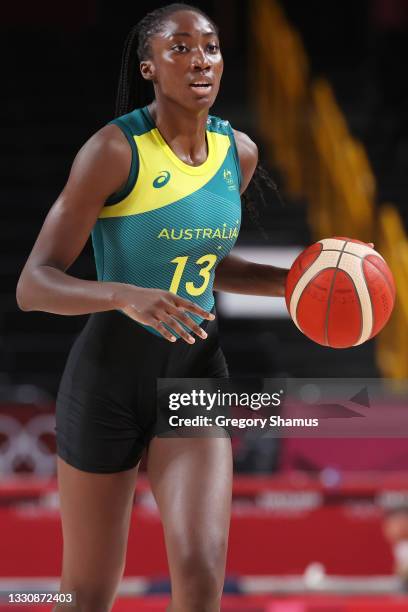 Ezi Magbegor of Team Australia brings the ball up the court against Team Belgium during the first half of a Women's Preliminary Round Group C game on...