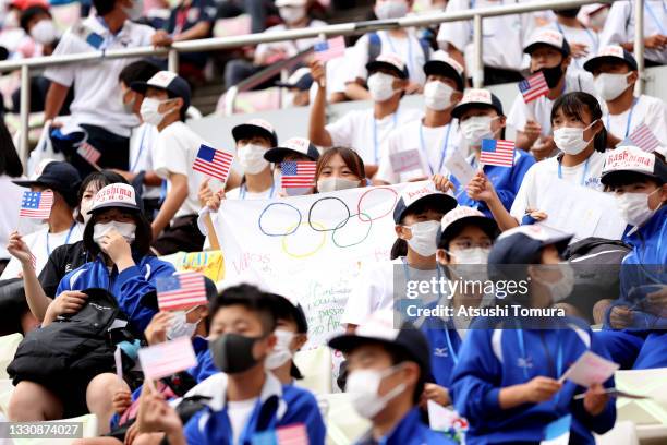 Fans show their support during the Women's Football Group G match between United States and Australia on day four of the Tokyo 2020 Olympic Games at...