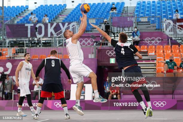 Dusan Domovic Bulut of Team Serbia shoots in the 3x3 Basketball competition on day four of the Tokyo 2020 Olympic Games at Aomi Urban Sports Park on...