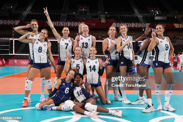 Team Italy celebrates after defeating Team Turkey during the Women's Preliminary - Pool B volleyball on day four of the Tokyo 2020 Olympic Games at...