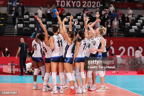 Team Italy celebrates after defeating Team Turkey during the Women's Preliminary - Pool B volleyball on day four of the Tokyo 2020 Olympic Games at...