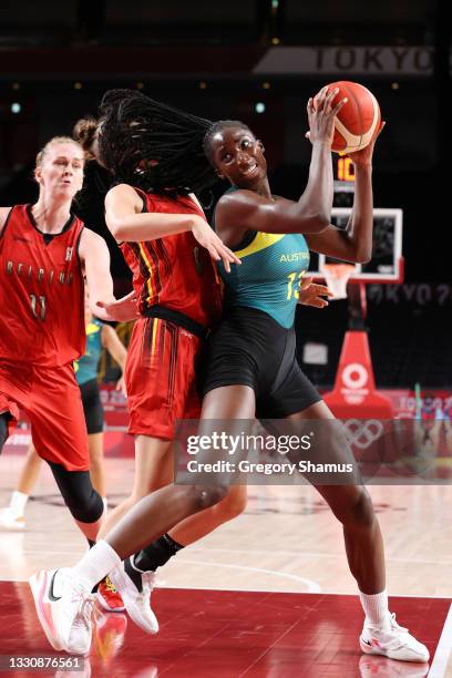 Ezi Magbegor of Team Australia drives to the basket against Antonia Delaere of Team Belgium during the first half of a Women's Preliminary Round...