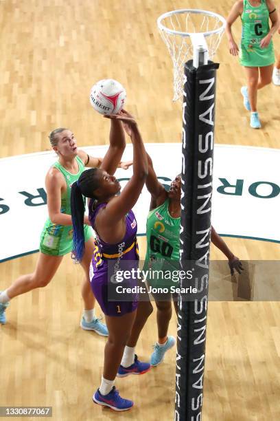 Romelda Aiken of the Firebirds shoots the ball during the round 12 Super Netball match between West Coast Fever and Queensland Firebirds at Nissan...