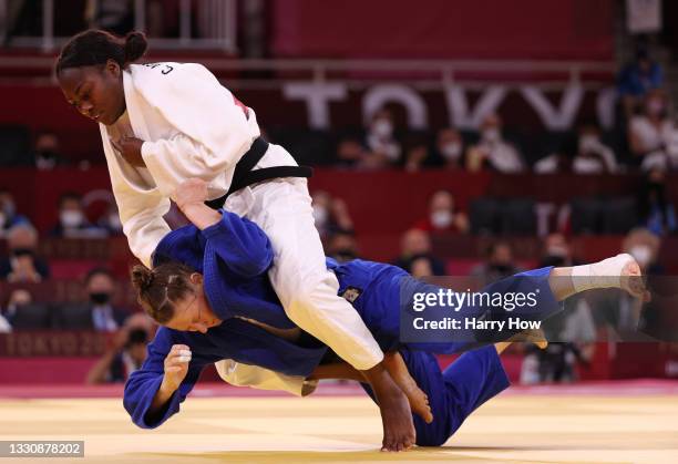 Clarisse Agbegnenou of Team France and Tina Trstenjak of Team Slovenia compete during the Women’s Judo 63kg Final on day four of the Tokyo 2020...