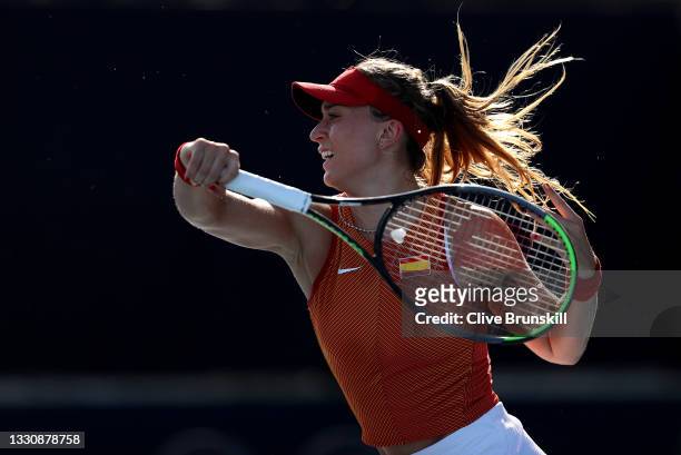 Paula Badosa of Team Spain plays a forehand during her Women's Singles Third Round match against Nadia Podoroska of Team Argentina on day four of the...